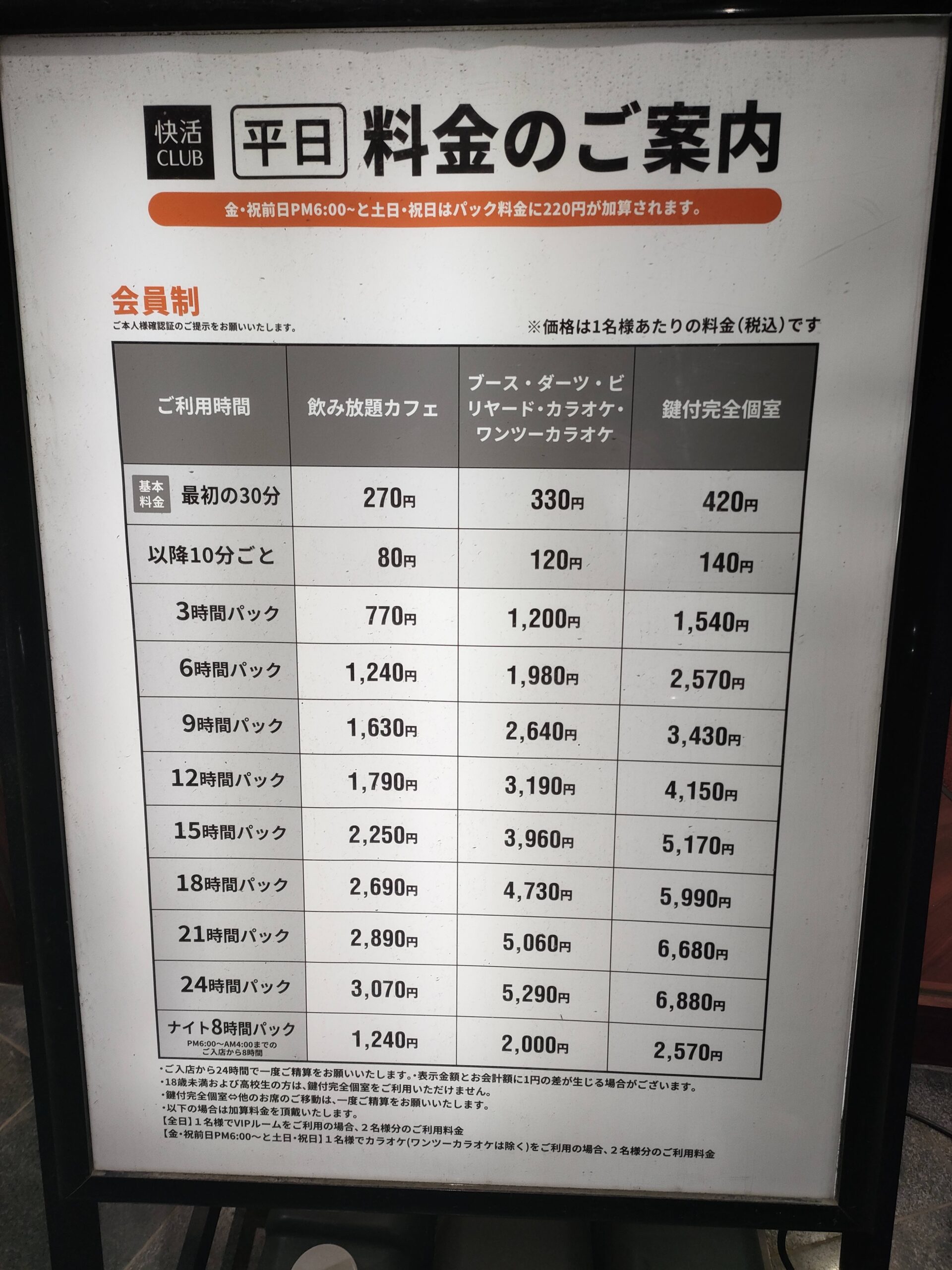 快活CLUB 平日料金表
