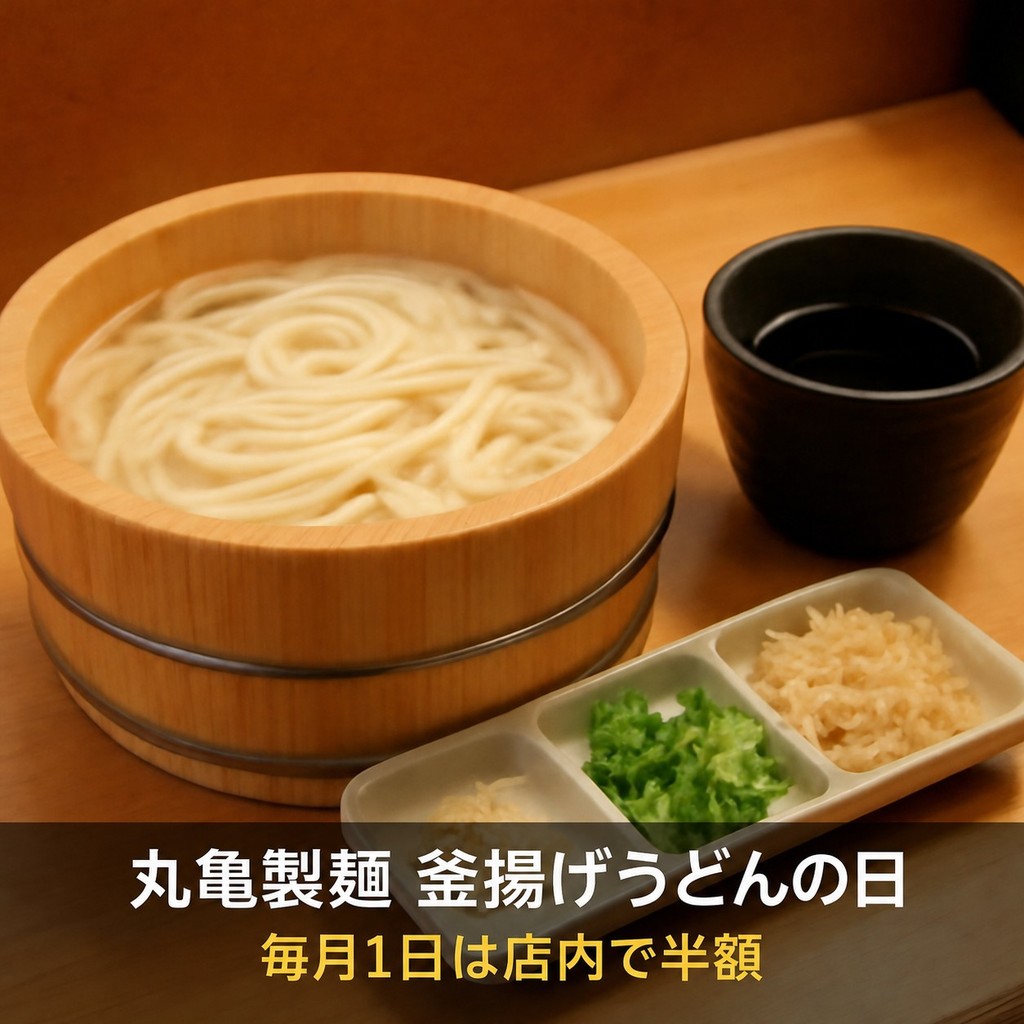 丸亀製麺の釜揚げうどんの日。毎月1日は店内で半額