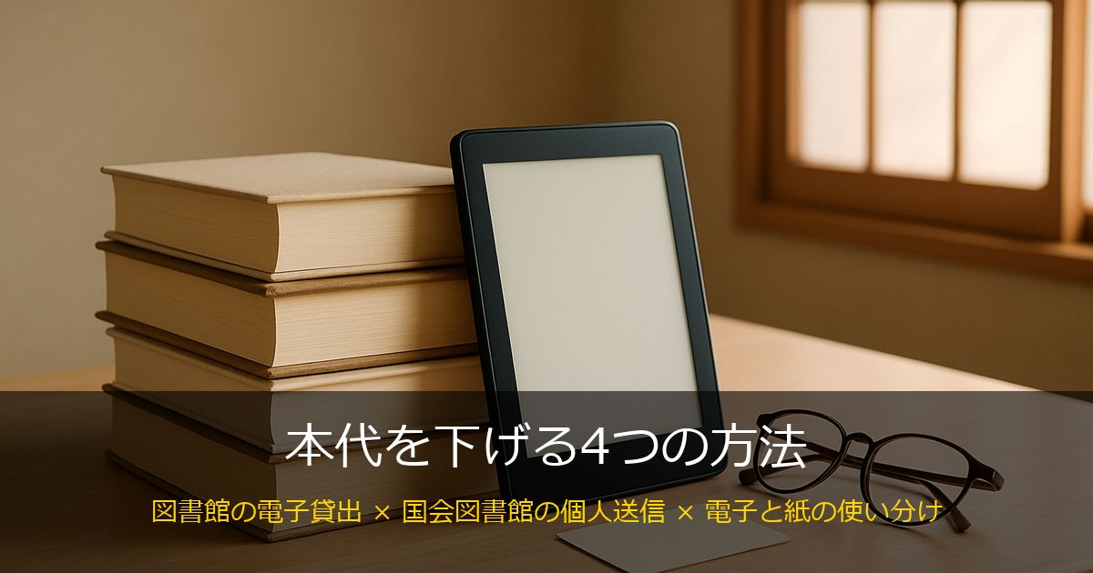 積んだ本と電子書籍リーダー、図書館の利用者カードと眼鏡を並べたイメージ