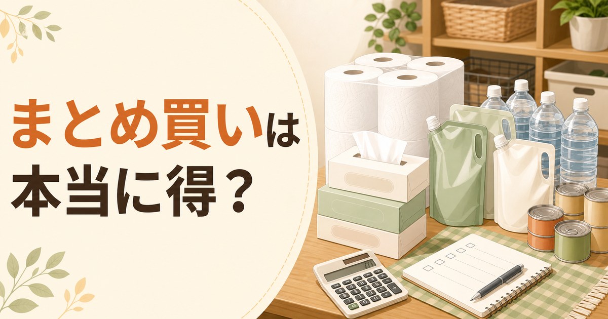 日用品のまとめ買いを単価と在庫量で検討するイメージ