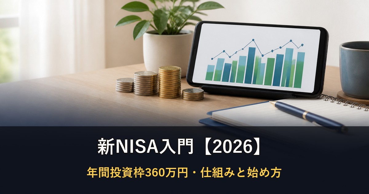 スマートフォンの資産推移グラフと積み上げたコインを置いた長期投資のイメージ
