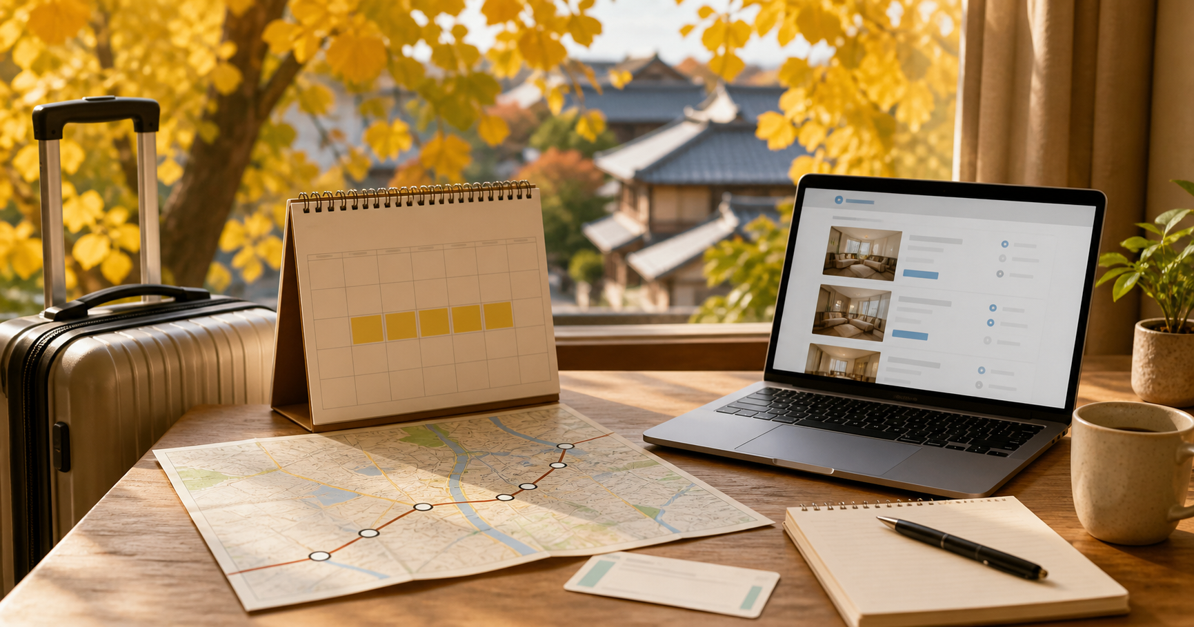 秋の5連休に向けて旅行計画を立てる場面のイメージ