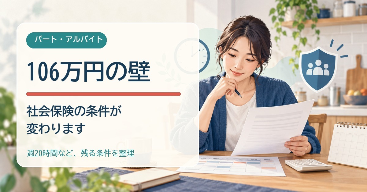 雇用契約書と勤務予定表を見ながら社会保険の加入条件を確認するパート・アルバイトの人のイラスト