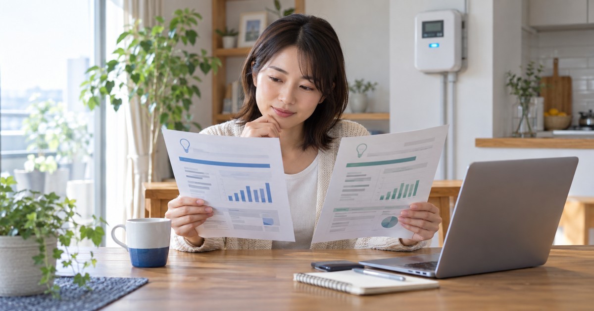 自宅で2つの電気料金プランの資料を比較する人のイメージ