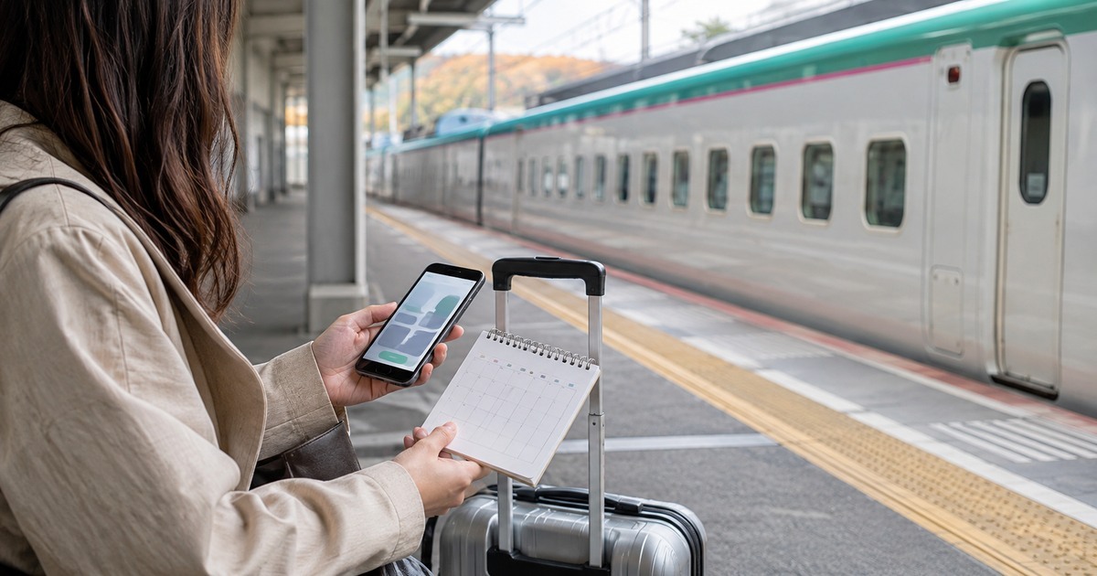 新幹線ホームでスマートフォンとカレンダーを確認する旅行者のイメージ