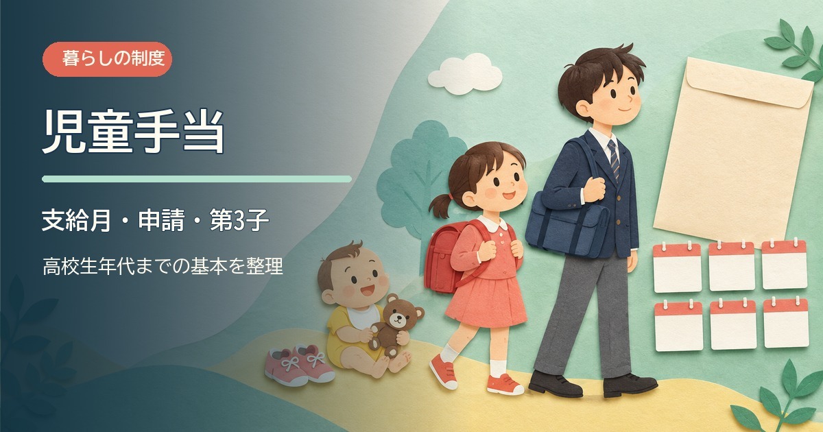 乳児・小学生・高校生年代の子どもと6枚のカレンダーを描いた児童手当の切り紙風イラスト