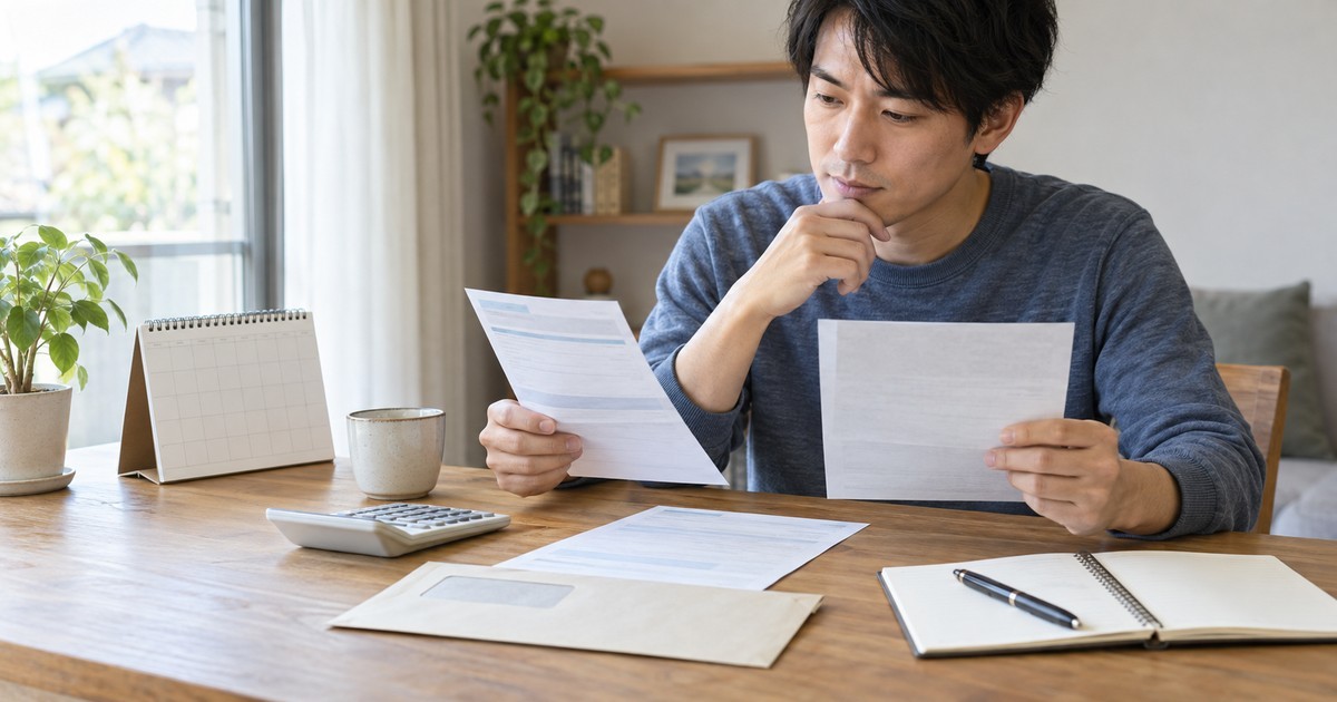 住民税の通知書と給与明細を机で確認する人のイメージ