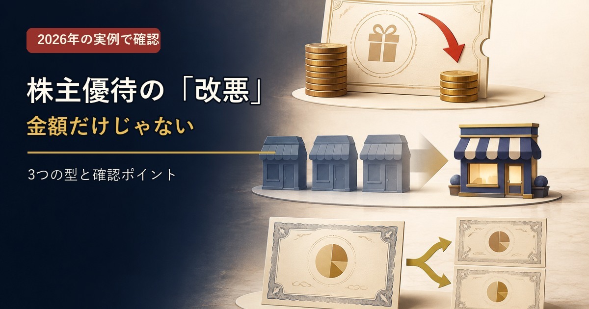 株主優待の金額減少、利用店舗縮小、株式分割を表すアイキャッチ