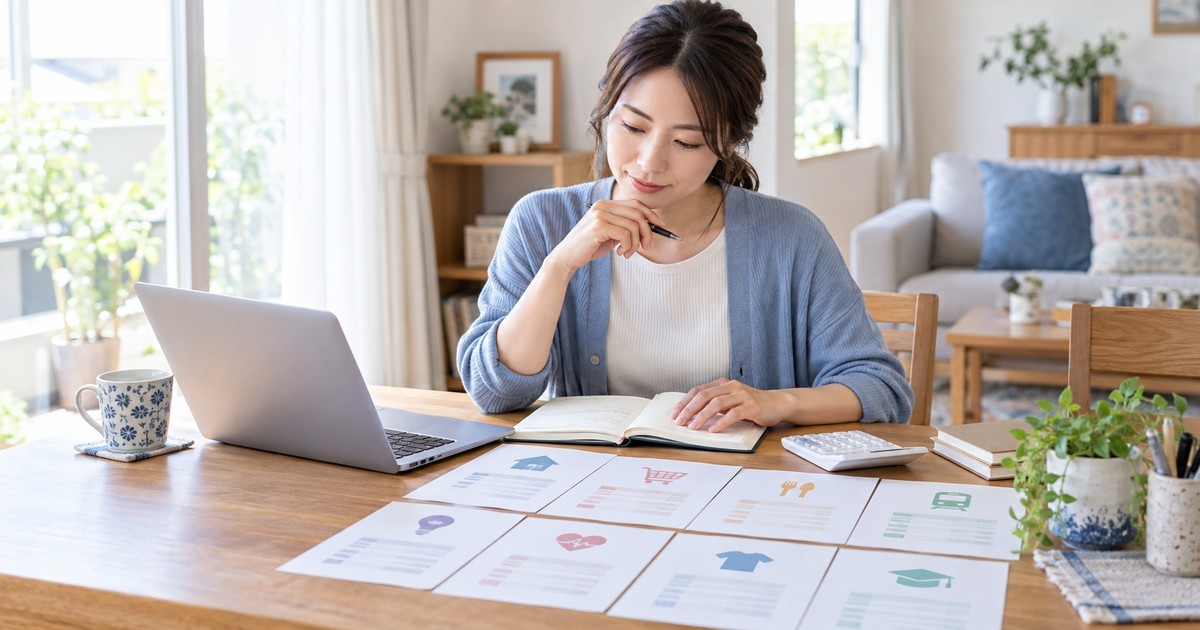 自宅で家計簿と支出項目の資料を確認する人のイメージ