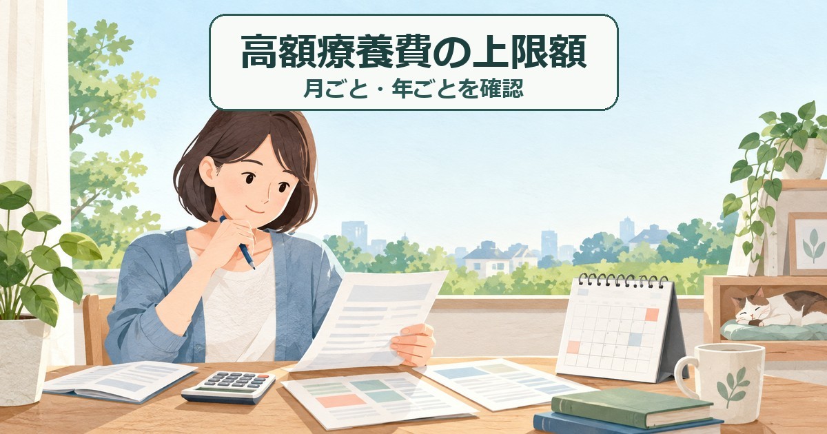 医療費の書類とカレンダーを見ながら月ごと・年ごとの上限額を確認する人のイラスト