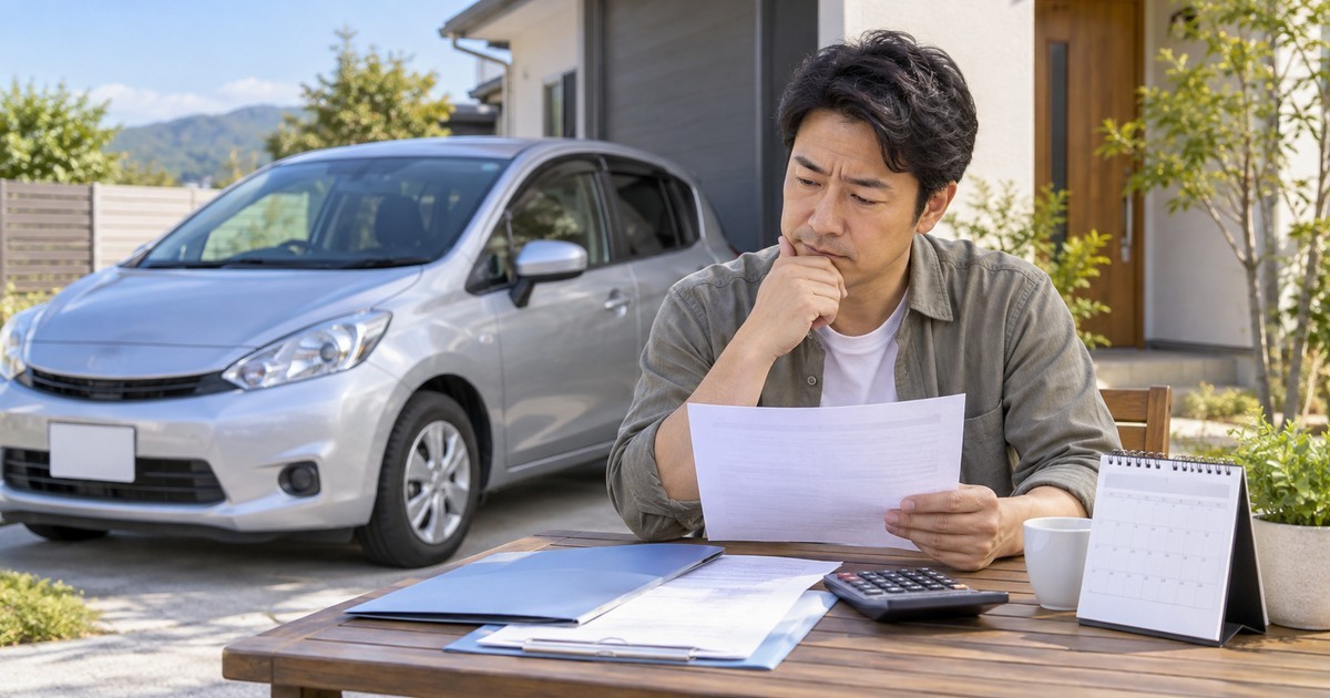 車のそばで書類と計算機を使い自動車税や維持費を確認する人のイメージ