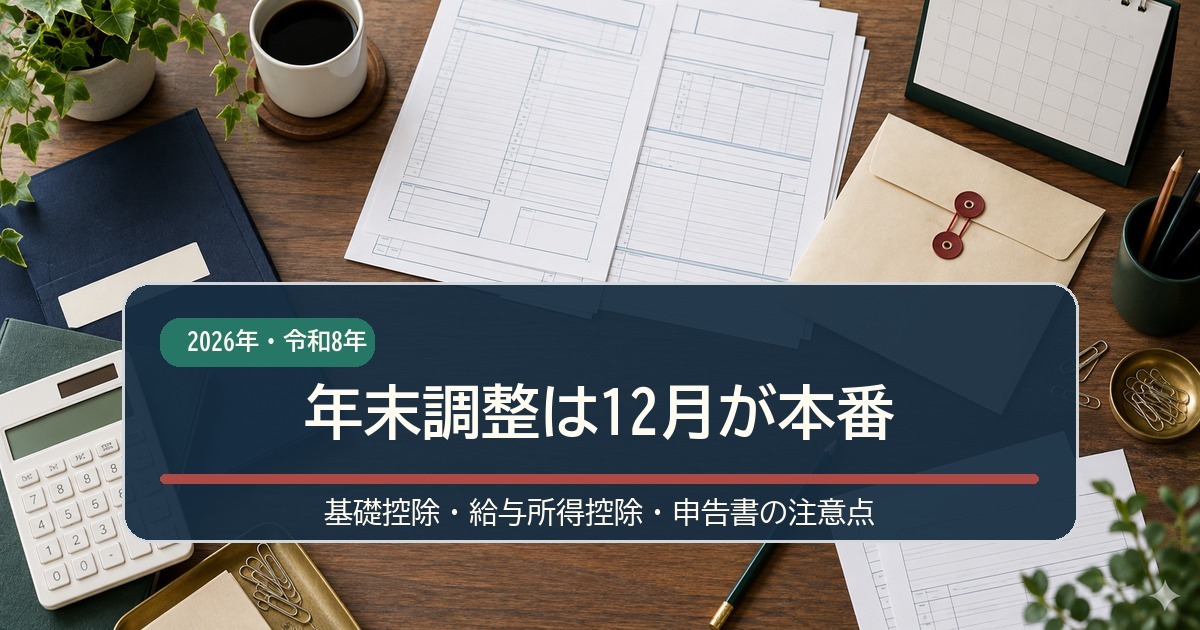 年末調整の書類、電卓、カレンダー、筆記具を机上に並べたイメージ