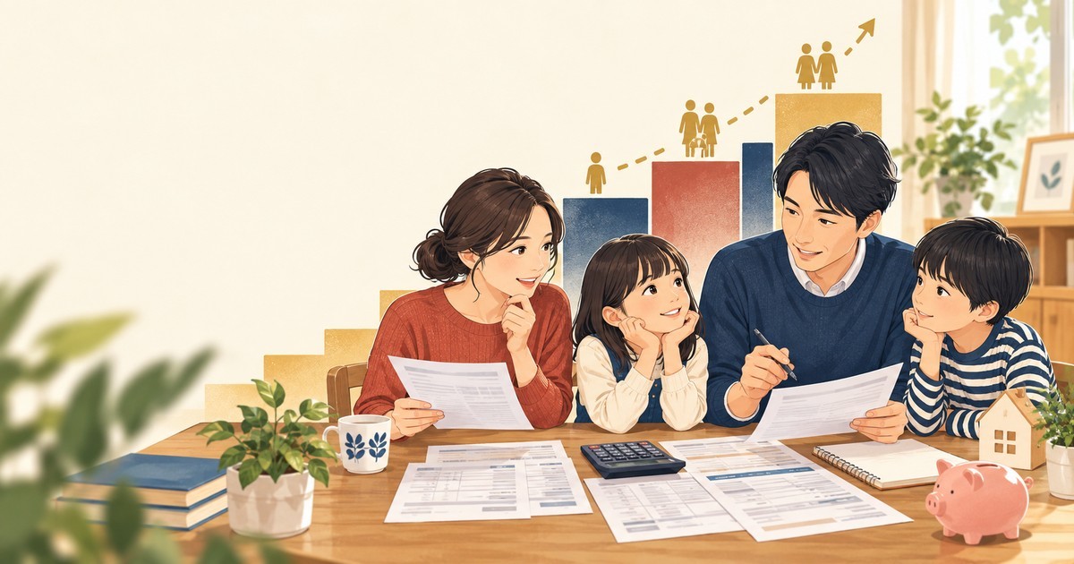 家族が給与明細や申告書を見ながら年収の壁を確認するイメージ