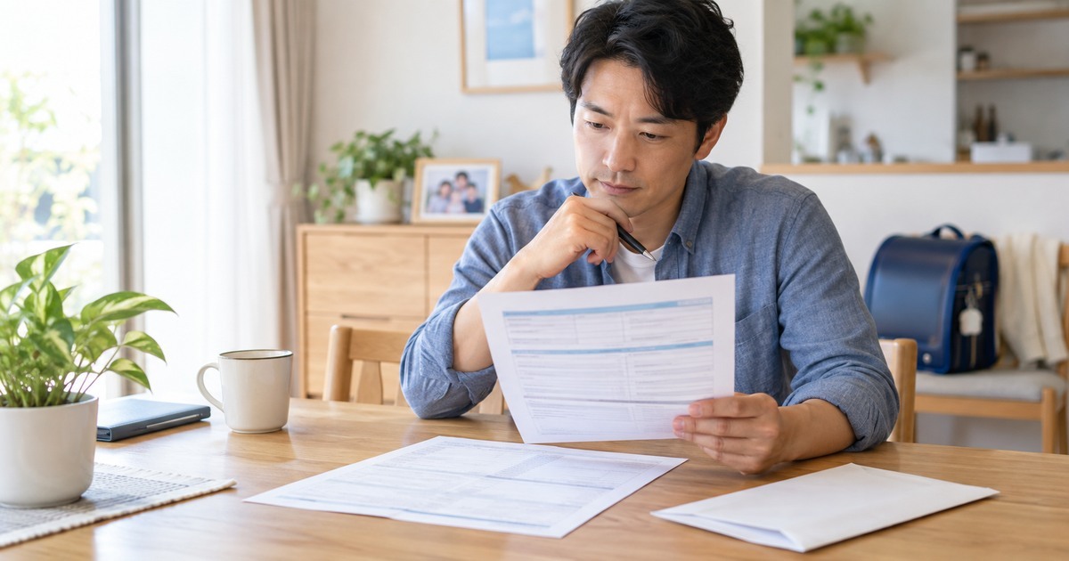 自宅で生命保険料控除証明書と年末調整書類を確認する人のイメージ