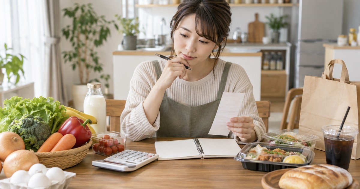 食材や惣菜を前にレシートと家計簿を確認する人のイメージ