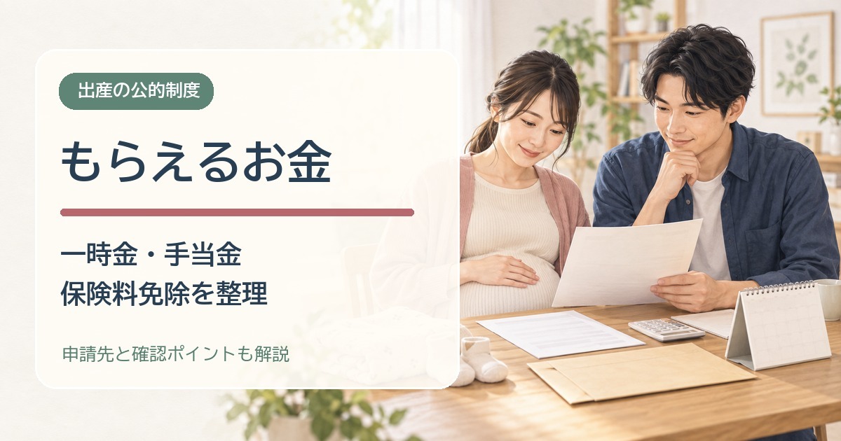 出産育児一時金や出産手当金の書類を自宅で確認する夫婦のイラスト