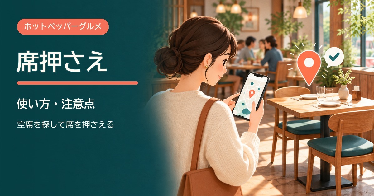 スマートフォンで飲食店の空席を探し、席を押さえる様子のイラスト